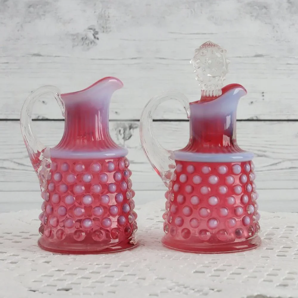 Vintage Fenton Oil Cruet & Stopper and Handled Cruet Hobnail Cranberry Set